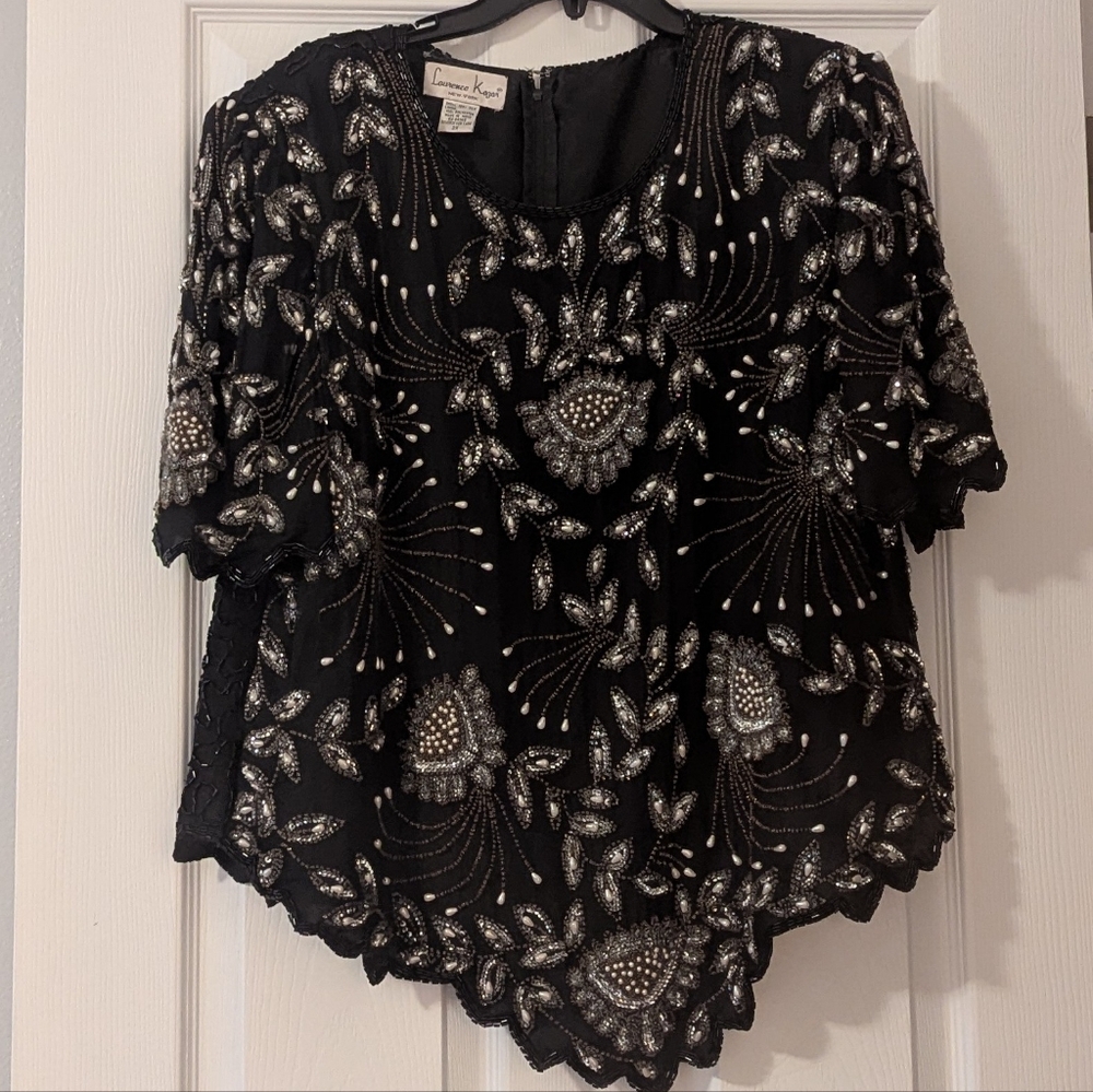 Vintage Laurence Kazar Black and Silver Bead and Pearl Embellished Women's Top